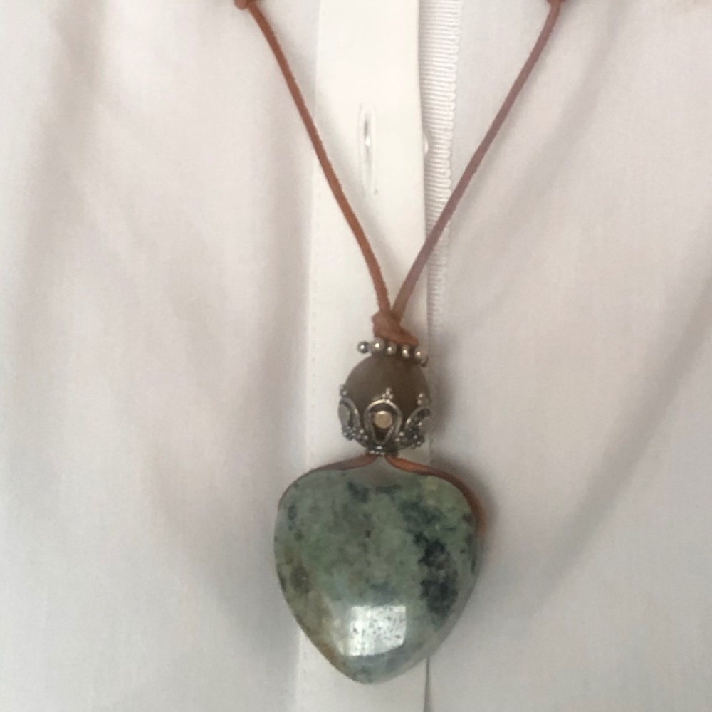 Rawhide and green stone pendant necklace